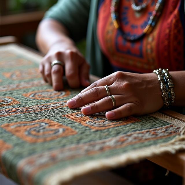 Artesana colombiana tejiendo patrones tradicionales en telar manual